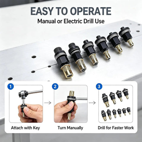 Rivet Nut Tool Kit 66 Piece Set For M3 To M10 Carbon Steel Rivnut Kit With Mandrel Set shown with manual and drill use
