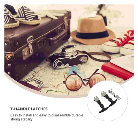 Beefy Heavy Duty Stainless Steel T Handle Draw Latches Two Pack on display with travel accessories and suitcase