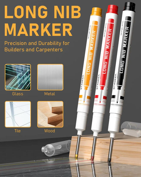 Heavy Duty Carpenter Pencil Kit With Replacement Leads And Mechanical Pencils For Woodworking And Diy Crafting Projects Hella Durable Legit Hands On Workshop Essential With Sharpener displayed with markers on glass and wood surfaces.