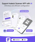 Inateck Scanner App interface showing function settings and barcode type recognition on Android and iOS devices.
