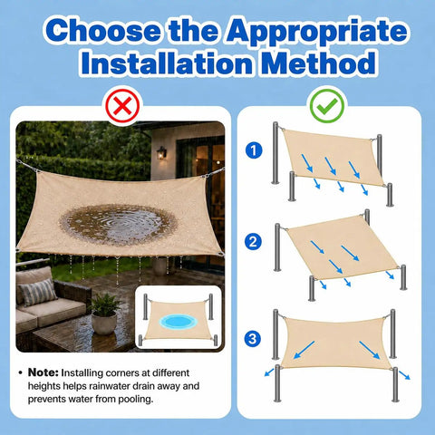 Beige 9.5 Foot By 9.5 Foot Square Shade Sail Canopy Waterproof Outdoor Sun Shade installation method with water drainage guide