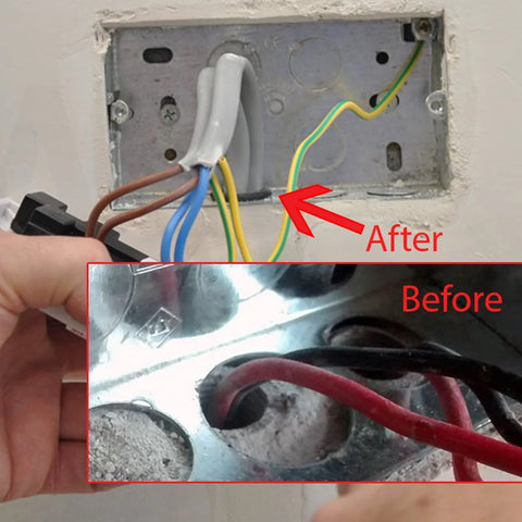 200 Piece Hollow Rubber Grommet Assortment Kit installed in wall cable holes for neat wiring, showing before and after comparison.