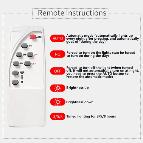 Remote control for Tough As Nails Solar LED Floodlight with buttons for auto mode, brightness, and timer settings.