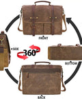 Top Tier Mens Messenger Bag Built Tough From Crazy Horse Leather And Hella Waterproof Waxed Canvas With Secure Compartments Fits 15.6 Inch Laptop For Daily Commute Work, 360-degree view showcasing all sides.