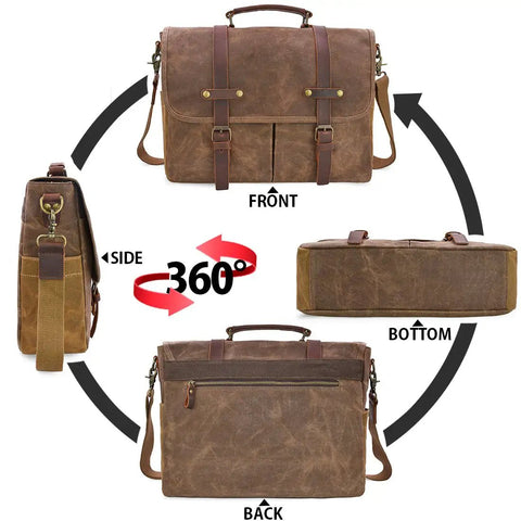 Top Tier Mens Messenger Bag Built Tough From Crazy Horse Leather And Hella Waterproof Waxed Canvas With Secure Compartments Fits 15.6 Inch Laptop For Daily Commute Work, 360-degree view showcasing all sides.