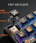 Your Legit Top Shelf 98 Key Gasket Mount Mechanical Keyboard With Numpad And Volume Knob Hot Swappable Linear Creamy Switches Thocky RGB Dye Sub Pudding Keycaps Smooth Gaming Setup showing PBT keycap with translucent design.