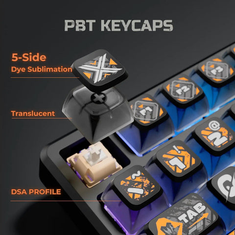 Your Legit Top Shelf 98 Key Gasket Mount Mechanical Keyboard With Numpad And Volume Knob Hot Swappable Linear Creamy Switches Thocky RGB Dye Sub Pudding Keycaps Smooth Gaming Setup showing PBT keycap with translucent design.
