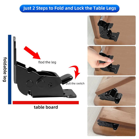 Heavy Duty Folding Brackets That Lock Tight For Real With Screw Kit Solid Steel Kickstands You Can Bank On For Tables Bed Frames Workbenches And Desks Four Pack Black installation steps with visible locking mechanism and foldable leg.