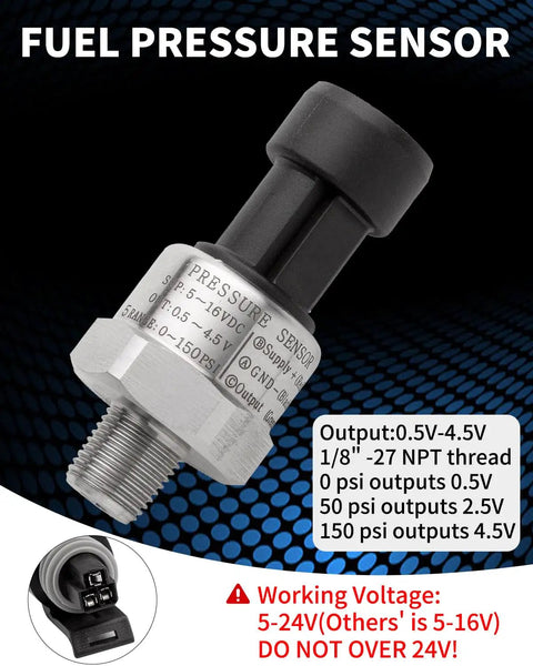 0 To 150 Psi Fuel Oil Pressure Transducer Sensor With One Eighth Inch NPT Thread And Harness Kit, Stainless Steel Body