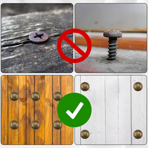 Comparison showing improper screws versus properly installed brass decorative screws with caps for wall hangings and eyewear.
