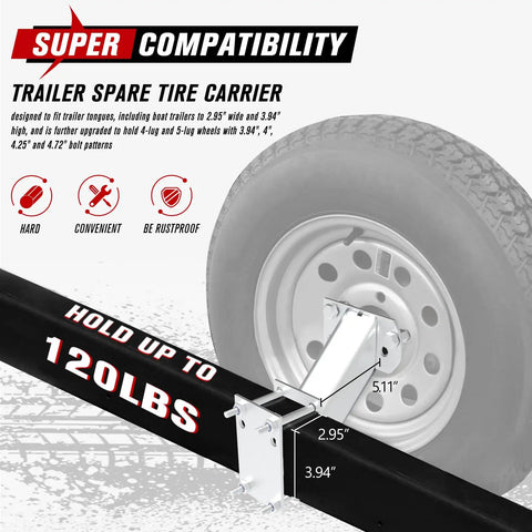 Heavy Duty Trailer Spare Tire Carrier Mount for Utility and Boat Trailers Holds Up To 120 Lbs Fits 4 and 5 Lug Wheels demo image