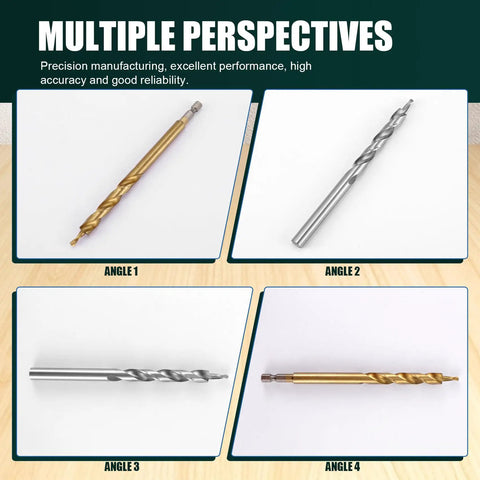 Heavy Duty 1/4 Inch Hex Shank Pocket Hole Drill Bit Plus 3/8 Replacement Step Bit With Depth Stop Collar For Jig System Master Kit shown in four angles
