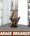 Wooden 360 Degree Rotating Fishing Rod Rack Holds Up To 16 Rods, Garage Tackle Storage Cart in a workshop setting