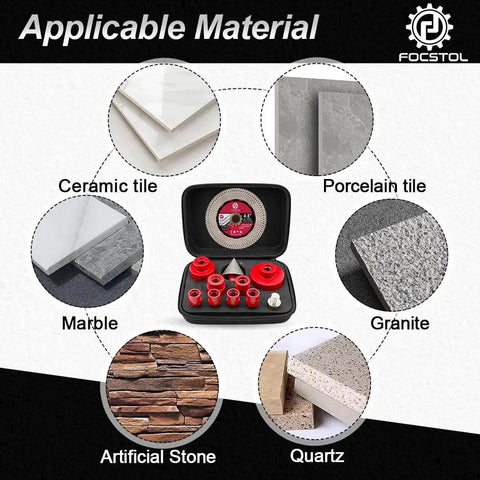 Diamond Core Drill Bit Set 11pc for Porcelain Ceramic Tile Marble Granite, image showing bits with applicable materials like stone and tile.