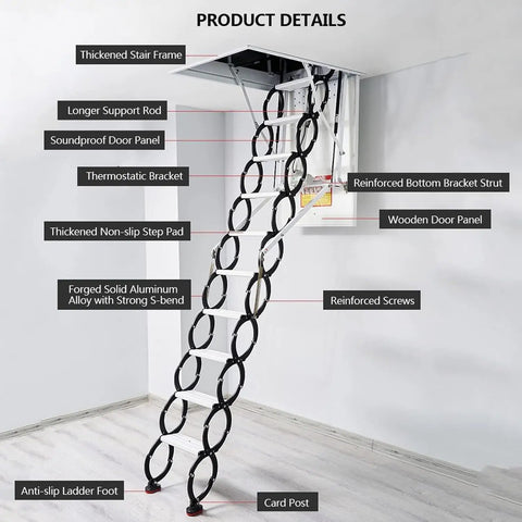Heavy Duty Electric Attic Ladder With Remote Pull Down Loft Stair Folding Steel Ceiling Access Retractable Staircase details showing non-slip step pads and support features.