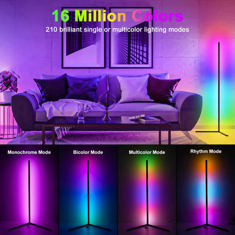 Corner Floor Lamp RGB Mood Light With 16 Million Colors And 210 Dynamic Modes illuminating a living room with vivid colors