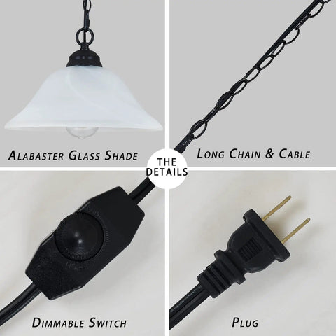 Plug In Pendant Light With Alabaster Glass Shade In Black Dimmable Swag Lamp With Long 16.4 Ft Cord And 14.7 Ft Chain details