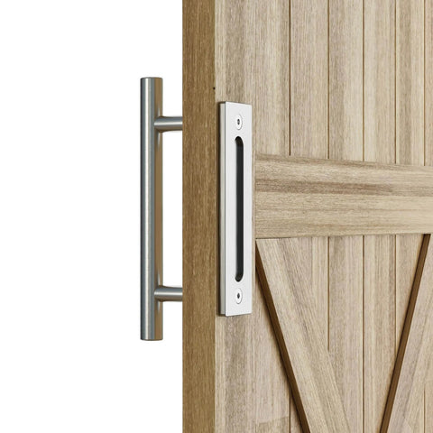 9.5 Inch Stainless Steel Sliding Barn Door Handles Pull Flush Hardware Set Double Sided For Gates Garages Sheds And Furniture Easy Install No Slotted Holes Needed Heavy Duty Rust Resistant Brushed Finish installed on wooden door