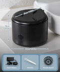 Compact black 45kHz Ultrasonic Retainer Cleaner with UV Sterilization for dental appliances, showing dimensions and accessories.