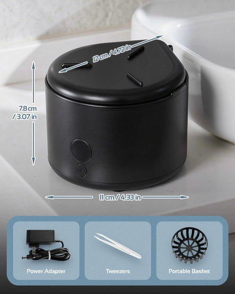 Compact black 45kHz Ultrasonic Retainer Cleaner with UV Sterilization for dental appliances, showing dimensions and accessories.