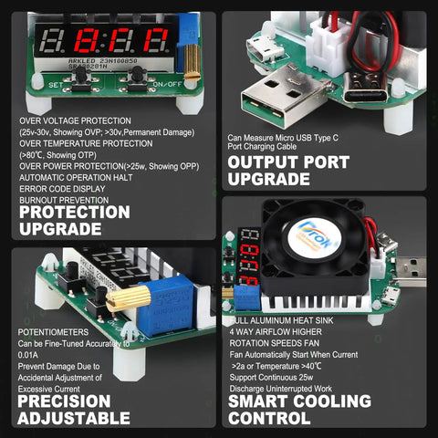 USB Load Tester For Real World Testing No Fluff Electronic Load Resistor Module 25W LD25 USB Type C Interface Discharge Adjustable Current 0.25A To 4A With Smart Temperature Control And Cooling Fan, PCB with display