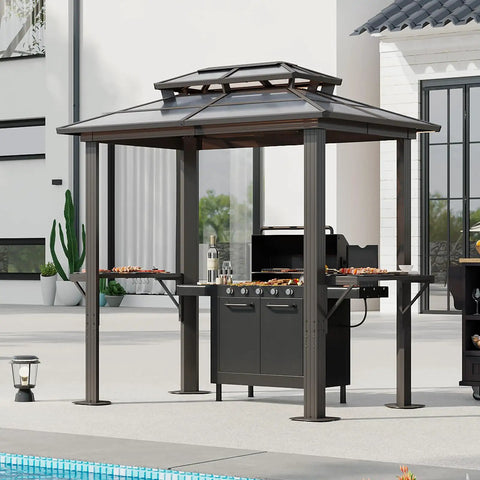 8x5 Ft Aluminum Grill Gazebo With Double Polycarbonate Top And Shelves Outdoor BBQ Canopy Hardtop For Backyard Lawn Or Patio