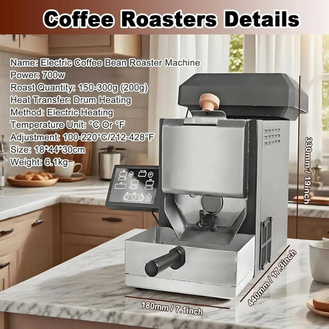 Straight Up Electric Coffee Roaster With Smart Auto And Manual Modes Featuring Built In Smoke Collection Clear View Window and Quick Auto Cooling on kitchen counter.