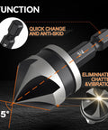 Close-up of Pro Grade Step Drill Bit Set With Four Spiral Flutes And Countersink Bits showing anti-skid design and angle.