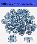 100 Pack 1 Quarter Inch 20 T Nuts Zinc Plated Steel Threaded Inserts Five Sixteenth Inch Barrel Length Four Prong Tee Nuts