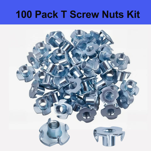 100 Pack 1 Quarter Inch 20 T Nuts Zinc Plated Steel Threaded Inserts Five Sixteenth Inch Barrel Length Four Prong Tee Nuts