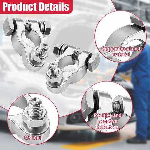 Top Shelf Car Battery Terminal Connector Kit With Beefy Positive And Negative Post Clamps showing copper tin-plated clamps and M8 bolt.