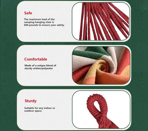Red hammock ropes and multicolor cotton blend fabric details of Black And White Canvas Hammock Chair For Indoor And Outdoor Chill