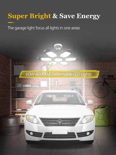 2 Pack LED Garage Light 120W Deformable 6 Plus 1 Panels 6500K Ceiling Shop Light E26 Base illuminating a garage with car below.