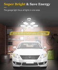 240W LED Garage Light With 6 Plus 1 Deformable Panels illuminating a garage with a car parked under it