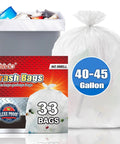 Extra Large All Purpose Trash Bags 40-45 Gallon, 33 Count For Yard Cleanup, shown packaged and in use on trash can