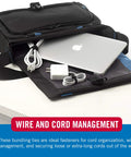 Open bag with laptop, cords, and charger using One Wrap Thin Ties Cable Management Straps For Wires And Cords Tough Reusable Fasteners