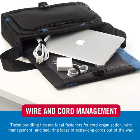 Open bag with laptop, cords, and charger using One Wrap Thin Ties Cable Management Straps For Wires And Cords Tough Reusable Fasteners