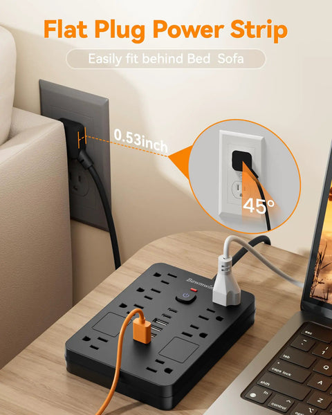 Beefed-Up Surge Protector Power Strip With Eight Outlets And Six USB Ports Including Two USB C Ports 1850W 15A 6FT Flat Plug Extension Cord ETL Listed For Home Office Dorm Room Black flat plug behind sofa