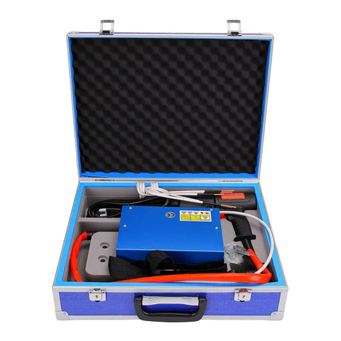 Portable 1500W Magnetic Induction Heater Auto Garage Essential in blue case with tools for rust extraction.