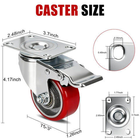 Workhorse Heavy Duty Caster Wheels Set Of 4 With Two Swivel Brakes And Two Rigid Units 3 Inch Polyurethane Tread dimensions and details