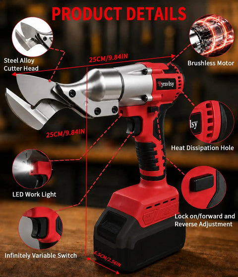 Cordless Metal Shears for Milwaukee 20V Max Tool Only, Brushless Motor For Fast Clean Cuts, No Cord Hassle, Lightweight and Durable for Aluminum, Copper, Stainless Steel, and Sheet Metal, Long Battery Life, Easy Cutting. Red cordless metal shears with steel alloy cutter head, LED light, and 25cm size