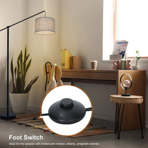 Arc Floor Lamp With Cantilever Arm For Couch And Reading Nook, Adjustable Height, Natural Linen Drum Shade, foot switch
