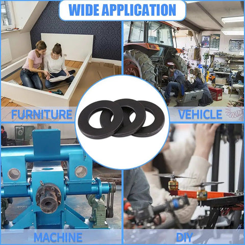 Heavy Duty Carbon Steel Flat Washer Black Oxide 8.8 Grade shown in diverse applications like furniture, vehicles, and machines.
