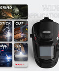 Large Viewing True Color Auto Darkening Welding Helmet Solar Powered With 3.93x3.27 Inch Screen And 4 Arc Sensors, Workhorse Shade Range 4 To 13 For TIG MIG MMA Plasma Cutting Grinding LYG M800D showing wide application including grind, stick, cut, MIG, TIG tasks.