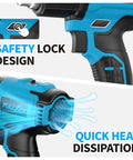Cordless Heat Gun Kit With 1022 Degrees Fahrenheit Hot Air, Two 4.0Ah Batteries, Five Nozzles showing safety lock and heat dissipation