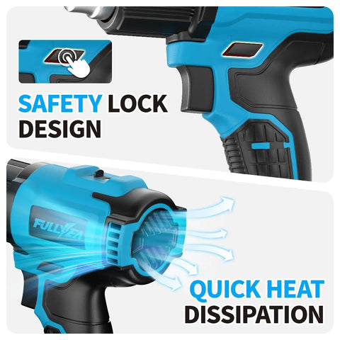 Cordless Heat Gun Kit With 1022 Degrees Fahrenheit Hot Air, Two 4.0Ah Batteries, Five Nozzles showing safety lock and heat dissipation
