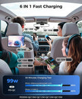 Inside car view showing 6 In 1 Retractable Car Charger With Dual Type C Cables in use, powering multiple devices on a road trip.