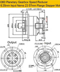PLX060 Planetary Gearbox Speed Reducer for 6.35mm Input Nema 23 with flange mount dimensions.