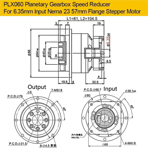 PLX060 Planetary Gearbox Speed Reducer for 6.35mm Input Nema 23 with flange mount dimensions.