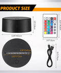 12 Pack 3D Night LED Light Bases With Remote Control, 16 Color RGB LED, USB Powered, 3.35 Inch Size, Black Detail View
